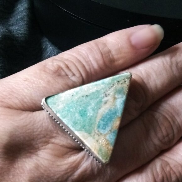 Ruby Fuchsite - Large Triangular Statement Ring - Sz 9.25 - Stamped 925 - Unisex - Picture 2 of 11